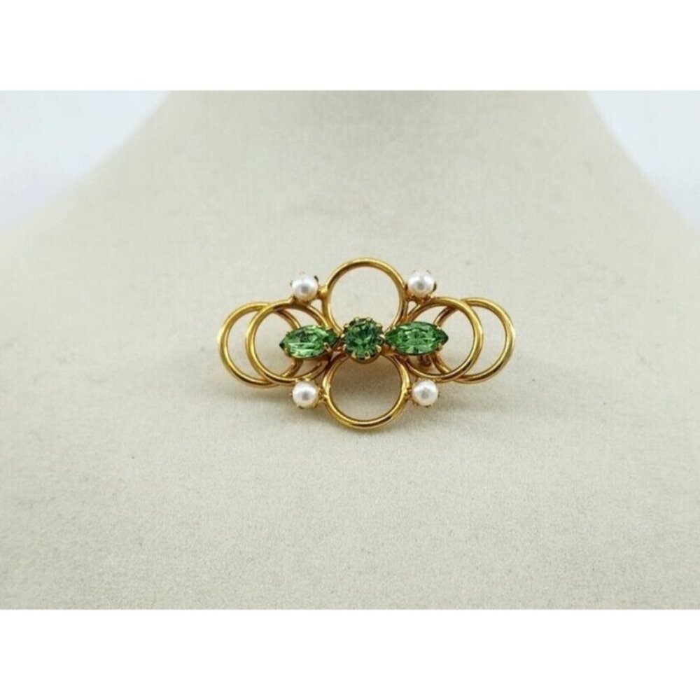 Vintage ART DECO Style Brooch Gold Tone Overlay Circle Green‎ Stones/Faux Pearls